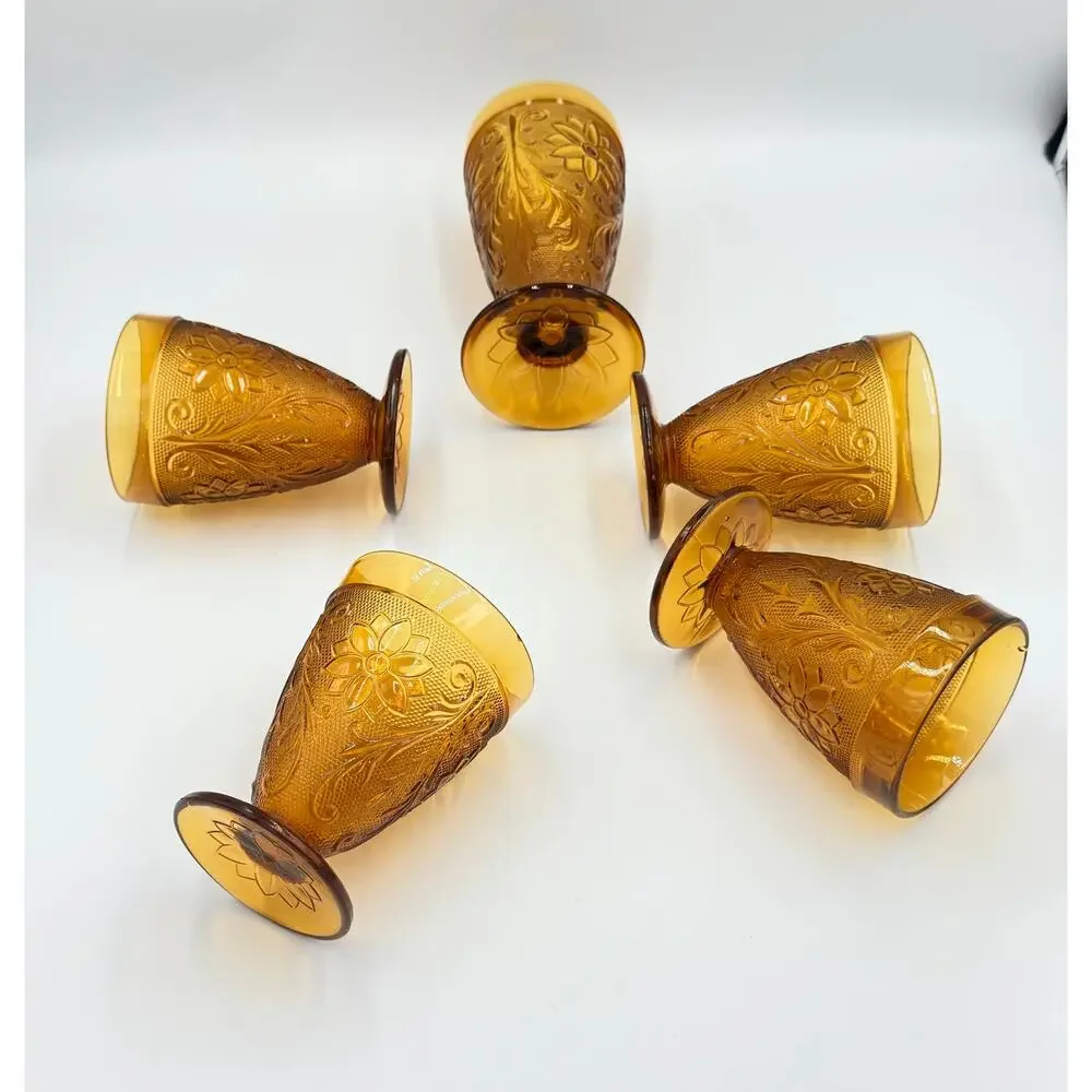 Indiana Sandwich Glass Tiara Amber 5pc Set - Tumbler Drinking Glasses
